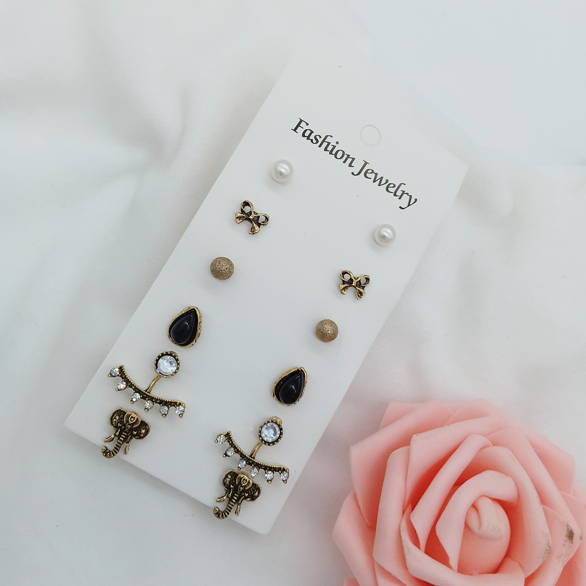 复古民族风蝴蝶结大象耳环套装珍珠镶钻水滴形耳饰耳钉组合六件套