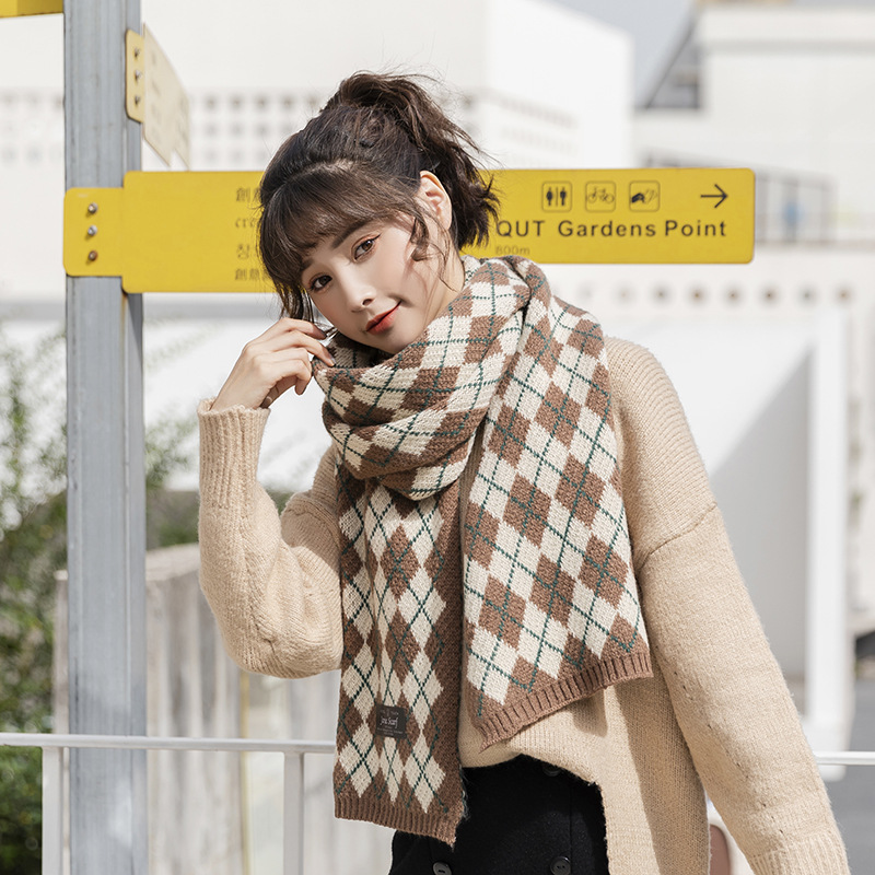 Knitted Diamond Plaid ~ Unique Ins Korean Style Japanese Style Street Sweet Autumn-Winter Warm and Thickening Scarf Dual-Use Scarf