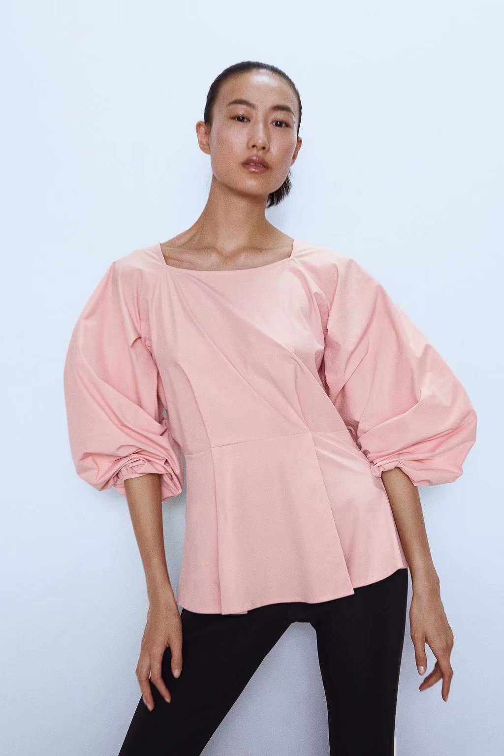 2019秋季跨境女装长袖蓬蓬袖打褶装饰上衣