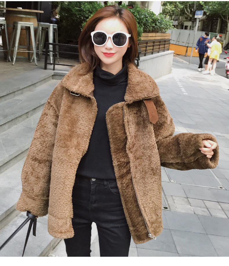 2019冬装新款韩版皮毛一体机车外套女宽松厚实羊羔毛夹克