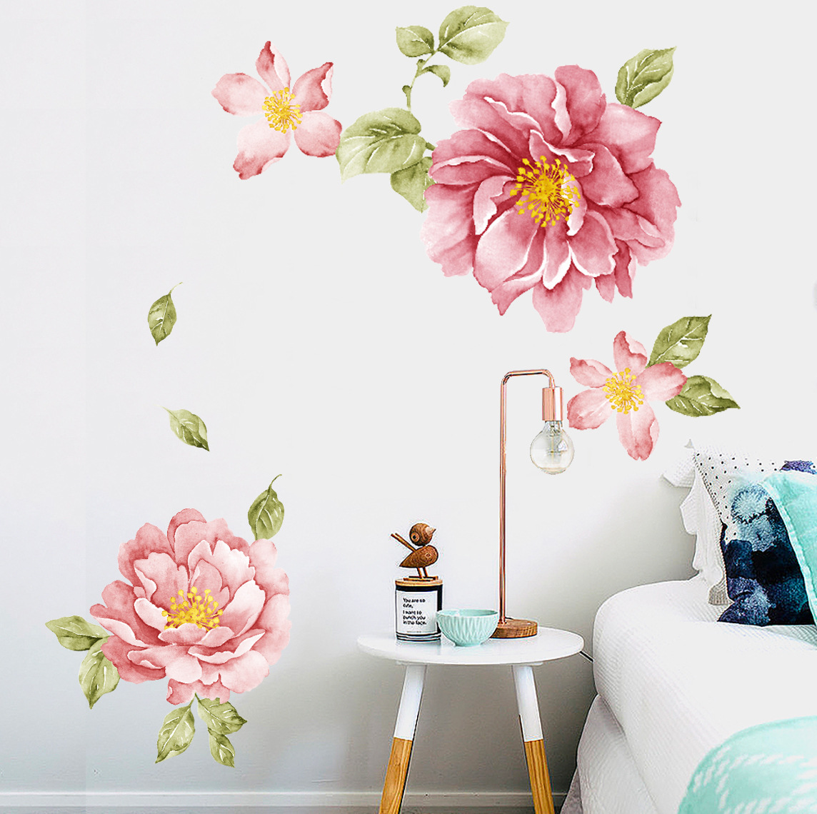 可移环保牡丹花墙贴复古水彩贴纸现代家居客厅花朵组合贴画qt002