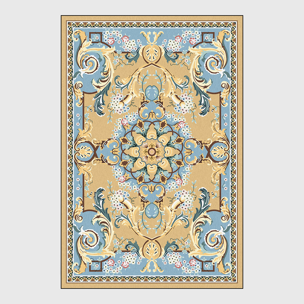 跨境欧式法式新古典中式奢华蓝黄大花卉客厅卧室厨房床边地毯地垫