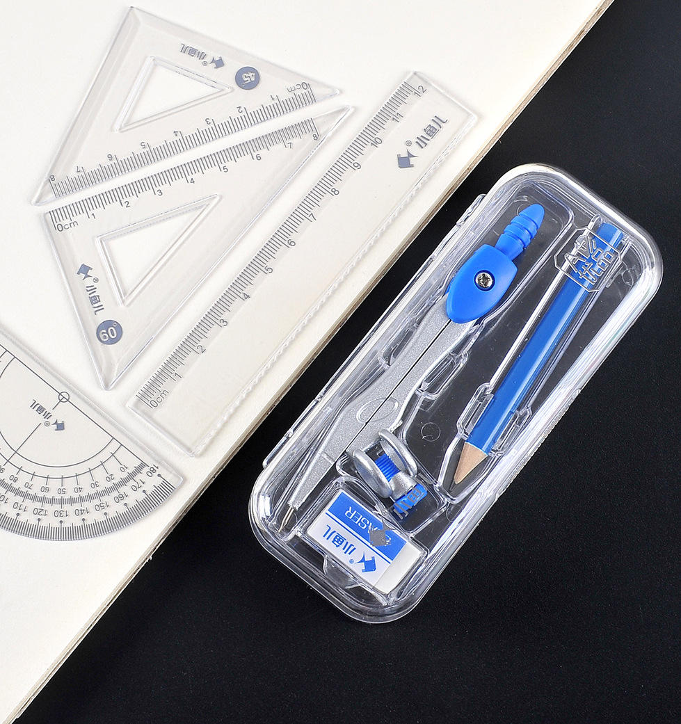 新品小鱼儿7件套圆规尺子套装学生用绘图尺规套装批发定制