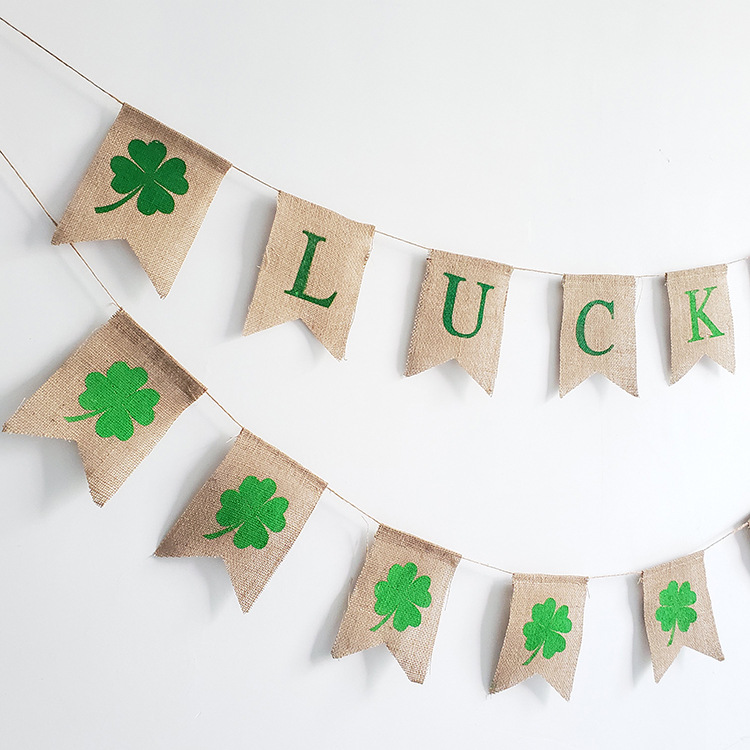 厂家直销 四叶草幸运lucky环保麻布燕尾拉旗 节日庆祝布置工艺品