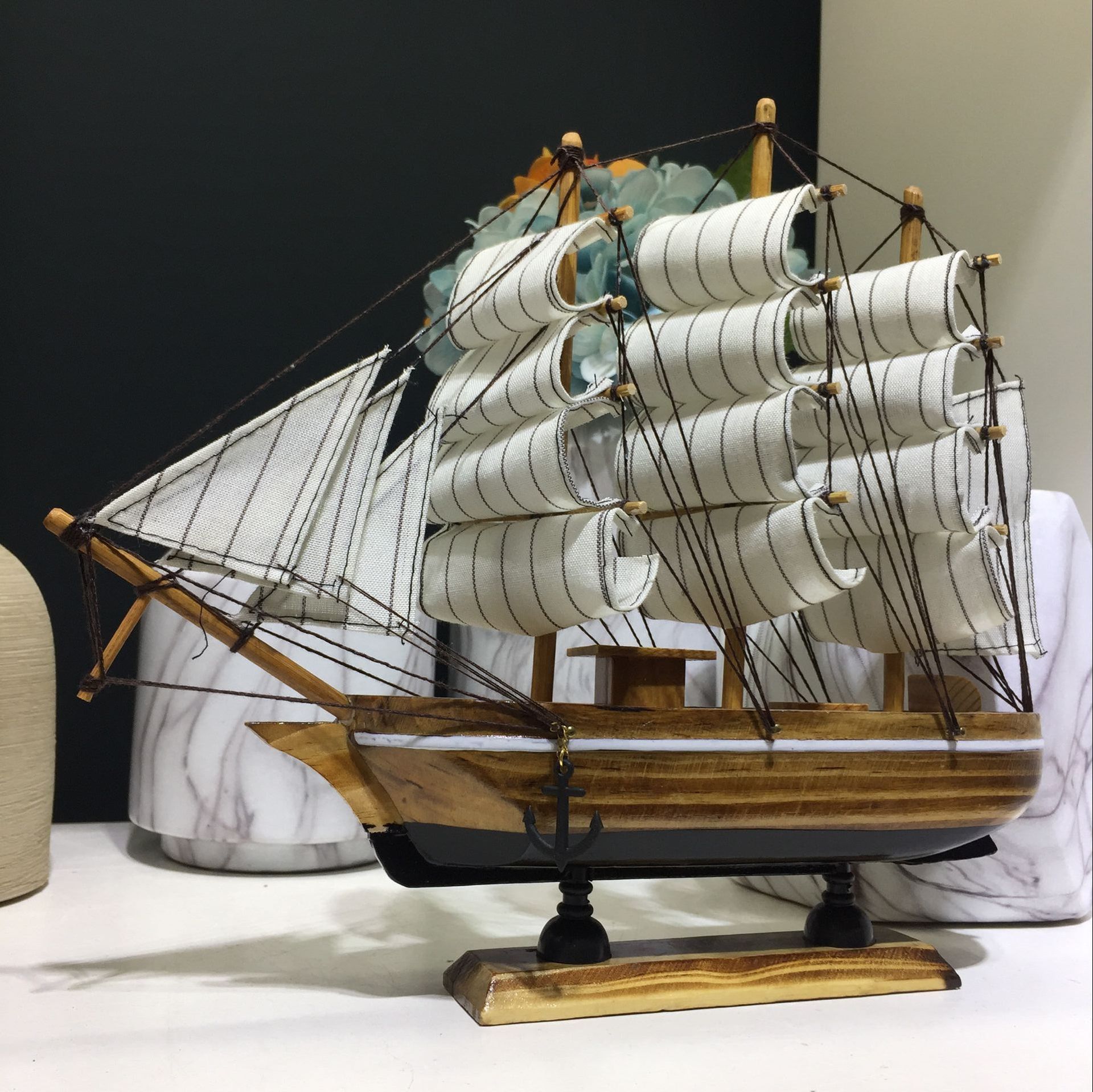 地中海风格家居帆船摆设30cm木制帆船纯手工艺品一帆风顺