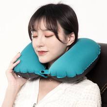 直销按压自动充气枕头u型枕牛奶丝护颈枕 旅行脖子靠枕便携U型枕