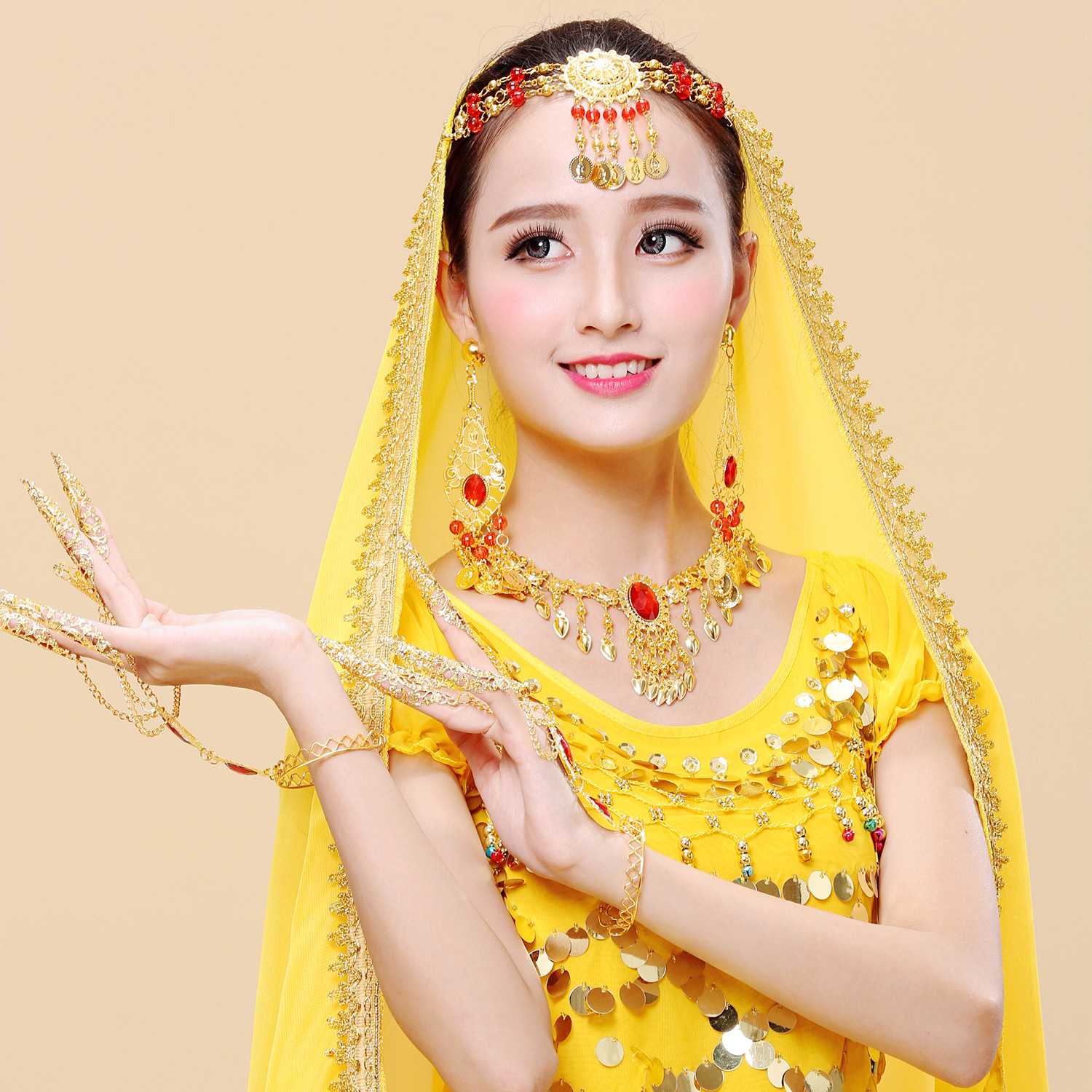 肚皮舞头饰纱巾头纱批发印度舞演出配饰头饰纱巾太阳花眉心坠头链