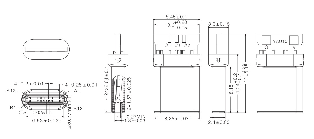 厂家直销 usb type-c 2.0 5芯焊盘 type c 插针式 公头 c对c专用
