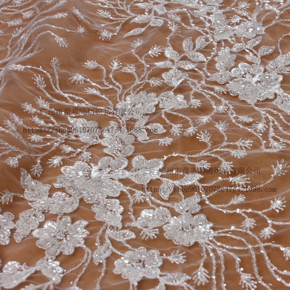 白色重工重磅手工钉珠刺绣布料软网纱绣花婚纱礼服蕾丝面料布料