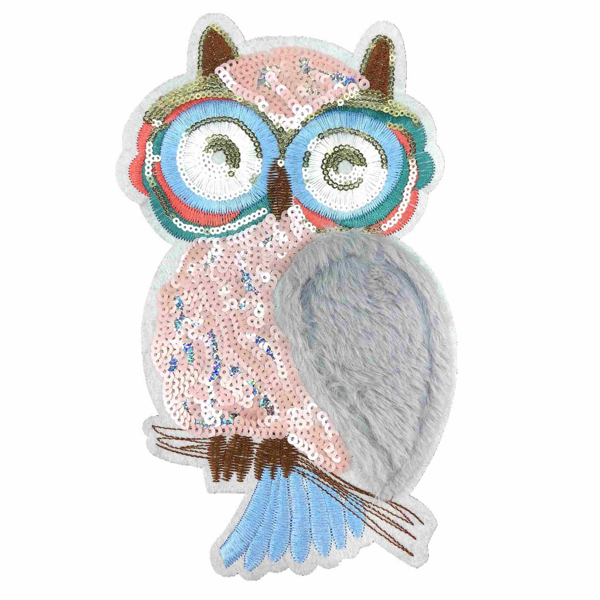 厂家批发电脑立体刺绣珠片亮片猫头鹰布贴绣花亮片卡通动物补丁贴