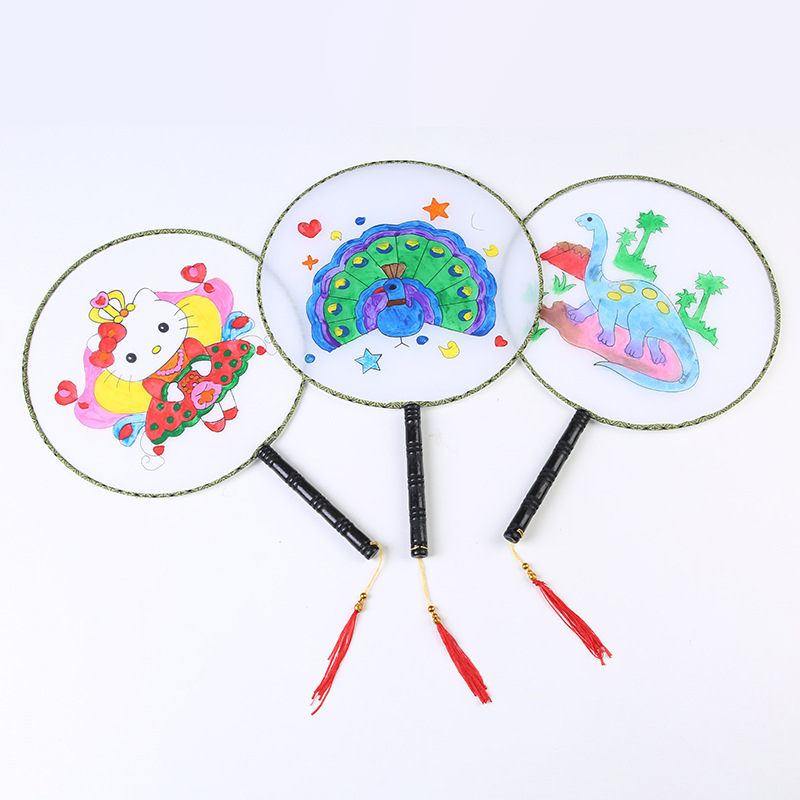 手绘空白扇子儿童卡通图案 diy创意绘画圆形宫廷扇地摊玩具礼品