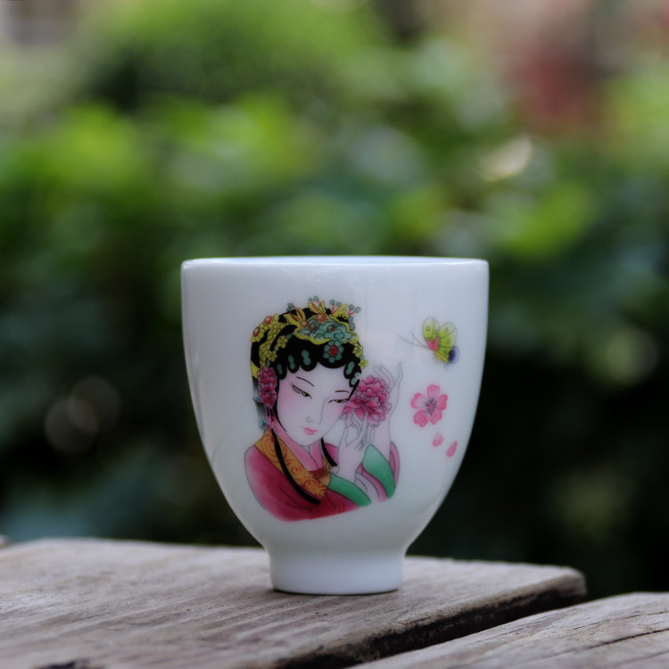 影青仕女图美人杯德化白瓷个人品茗杯主人杯子陶瓷小单杯茶杯