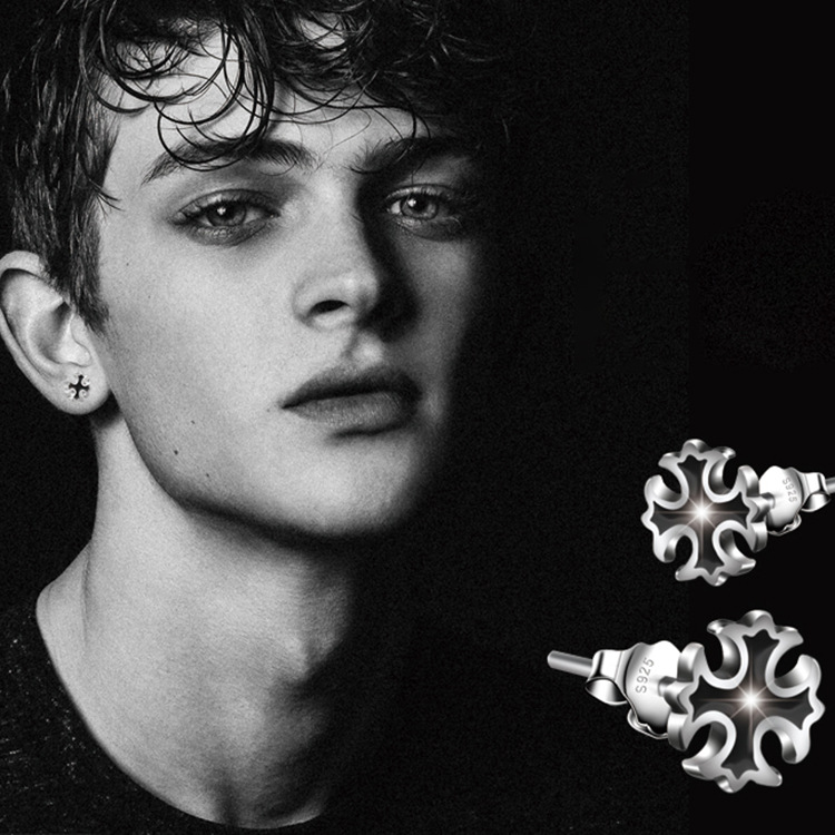 s925银男士耳钉简约黑色十字架耳钉男日韩版耳钉潮学生饰品