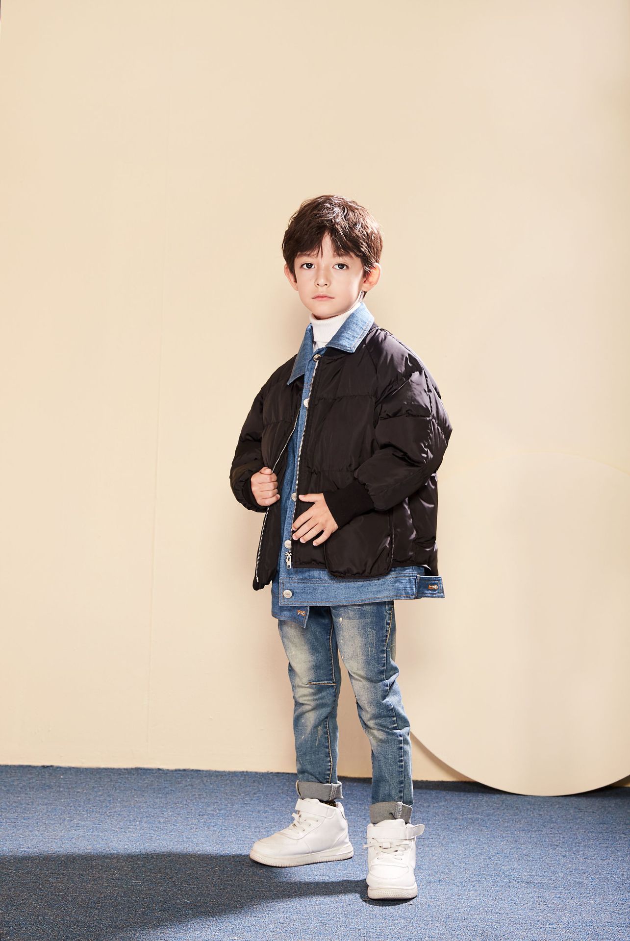 童装2019秋冬新款男童女童牛仔拼接羽绒服洋气宝宝加厚中大童外套