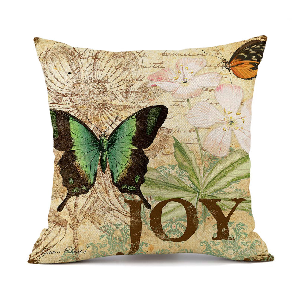 Cross-Border New Arrival Pure Beautiful Country Flower-Bird Print Cute Butterfly Linen Pillow Throw Pillowcase Sofa Waist Rest