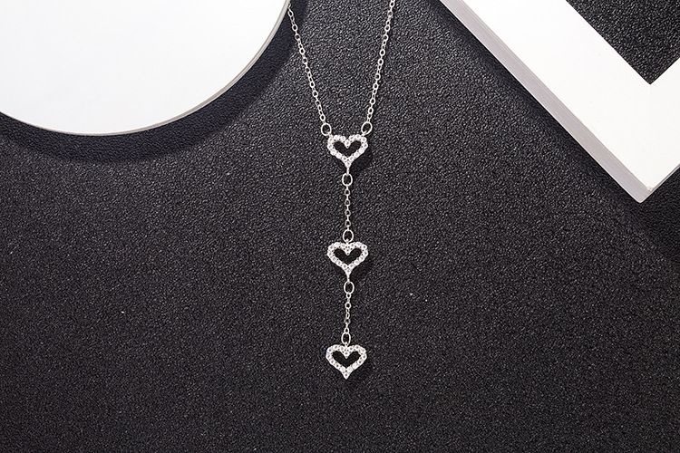 纯银s925t家流苏爱心项链女三颗心微镶满钻心形吊坠锁骨链情人节