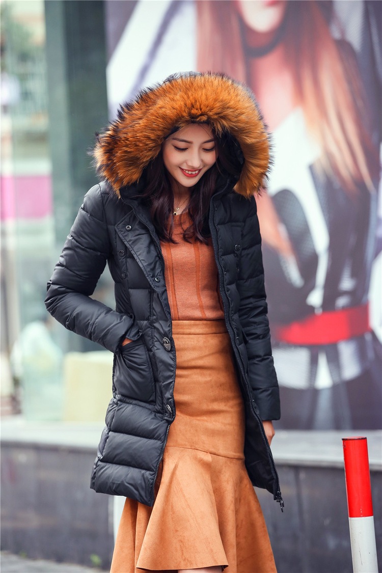 超大毛领加厚修身女中长款羽绒服一件代发