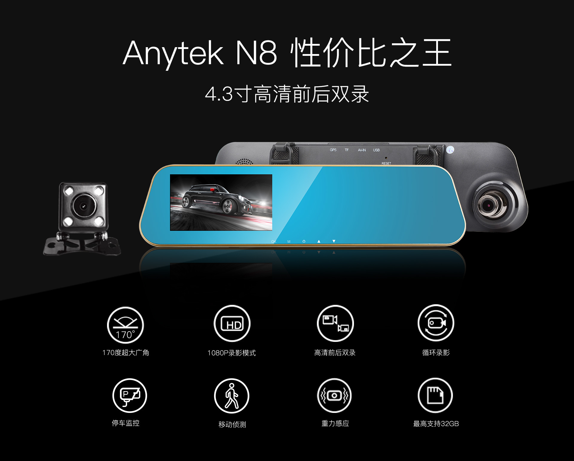 安尼泰科n8-01a行车记录仪4.3后视镜记录仪前后双录高清倒车影像