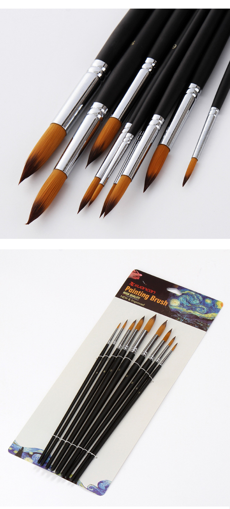 9支圆锋尼龙毛画笔 黑色哑光水彩画笔 长杆铜管画笔套装