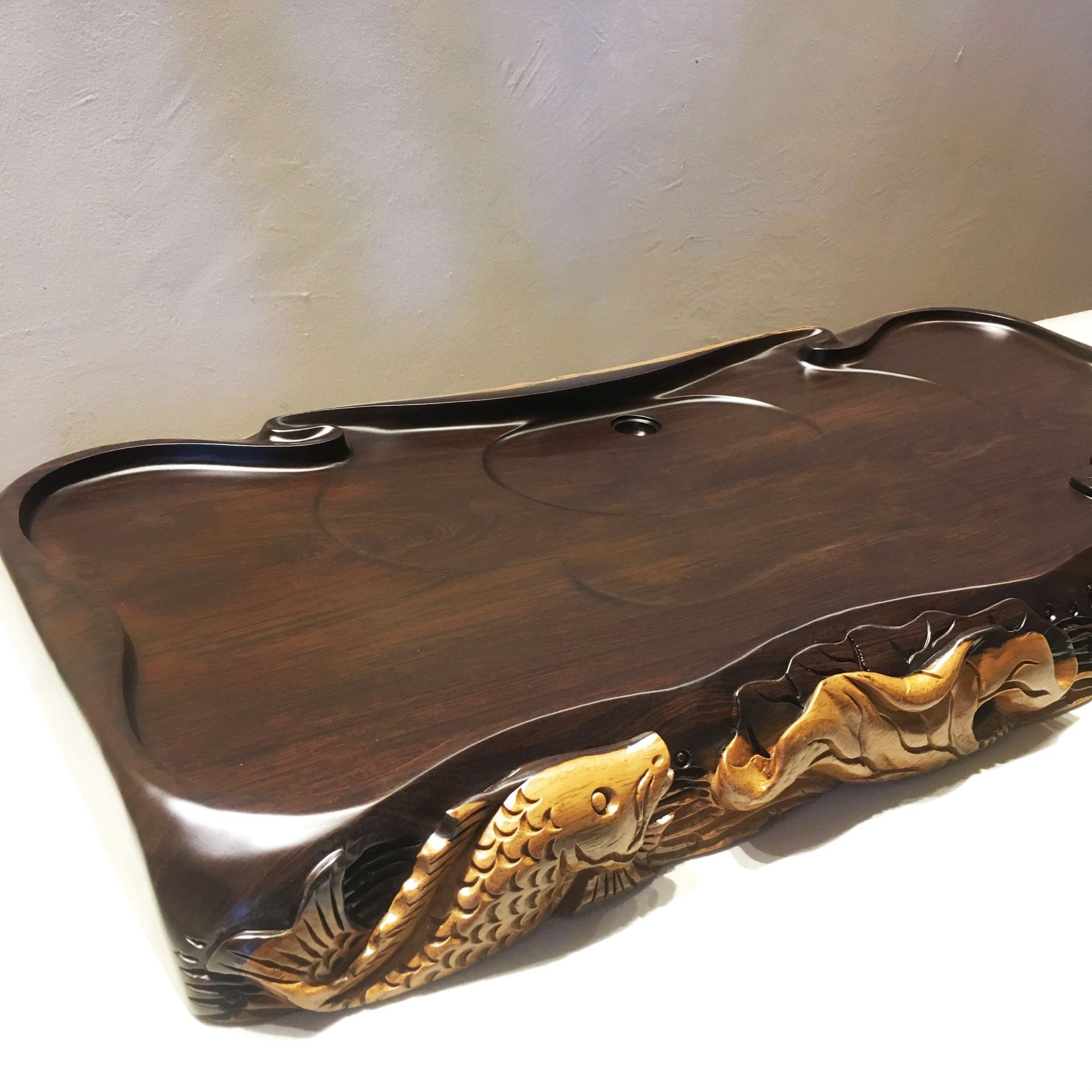 黑檀木茶盘茶台 实木整块茶具 纯手工边雕刻 功夫茶盘 荷叶鱼