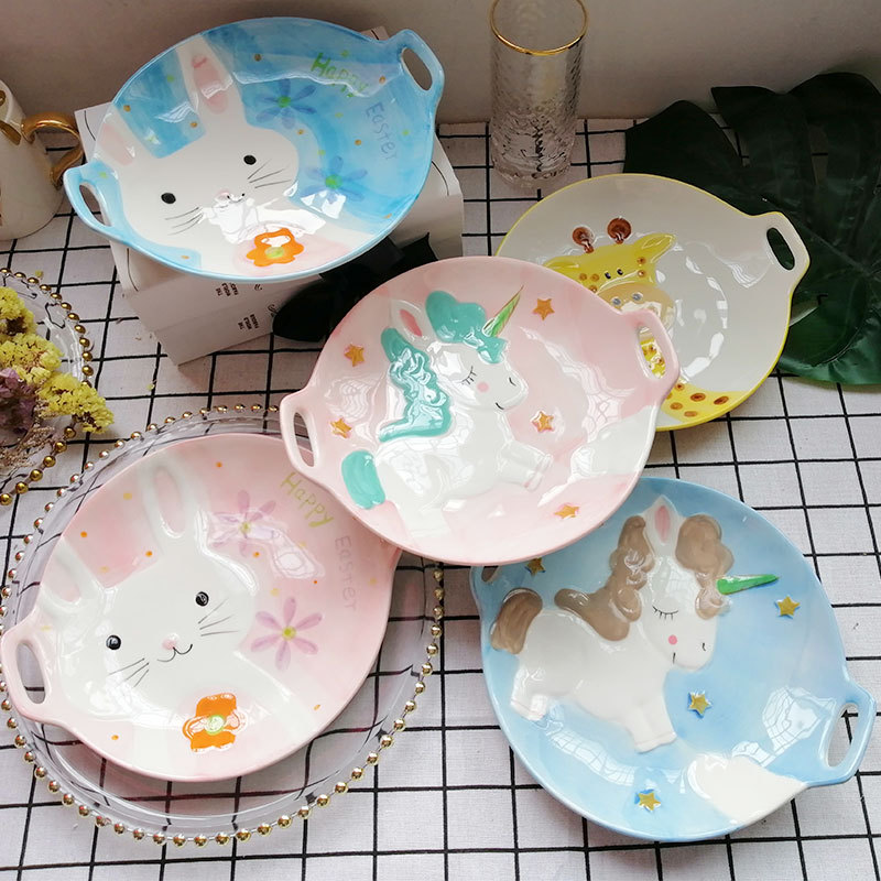 Creative Binaural Plate Ins Cartoon Unicorn Household Dinner Plate Dessert Breakfast Shallow Plate Ceramic Fruit Salad Plate