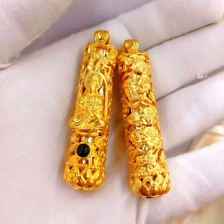 精品黄铜镀金祥云观音筒吊坠仿黄金婚庆首饰品霸气男士圆柱筒项坠