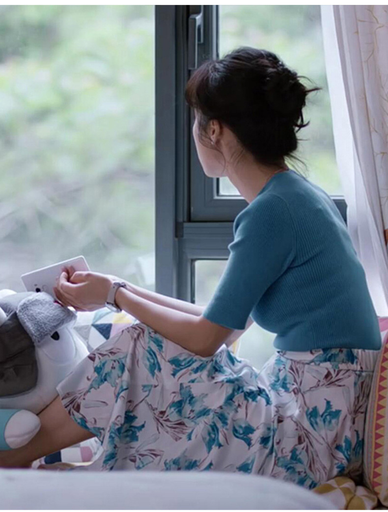 都挺好朱丽李念同款衣服女蓝色短袖针织衫印花半身裙显廋两件套夏