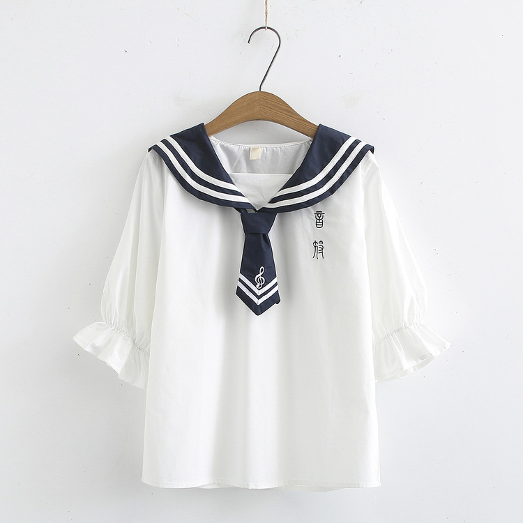 日系春装初中高中学生海军领学院风五分袖音符刺绣衬衫女s26947