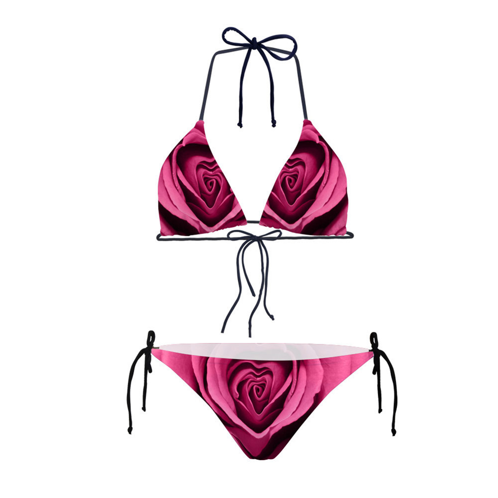 rose玫瑰印花比基尼 性感泳衣两件套女低腰式绑带泳装定制spa浴衣