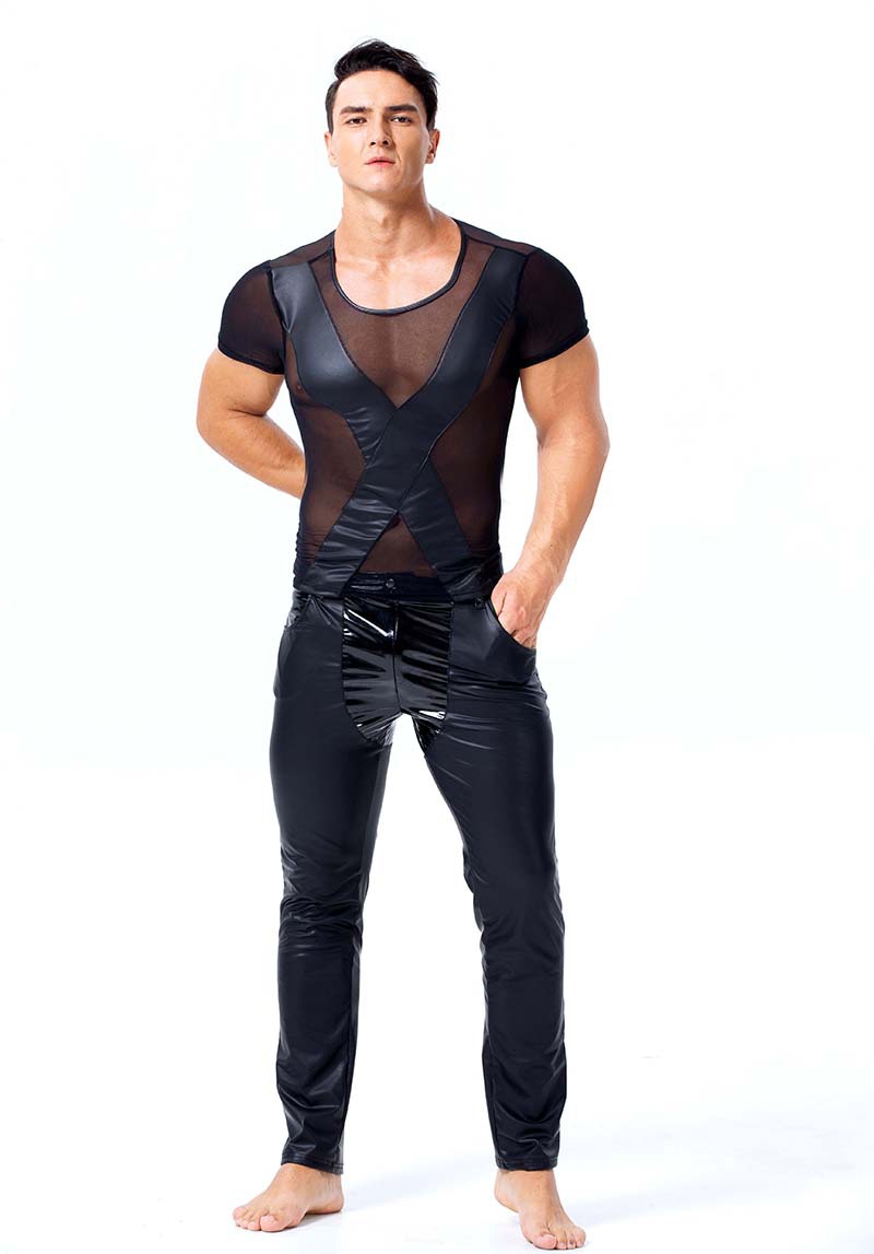 欧美外贸性感情趣内衣漆皮拼接男t恤网纱上衣舞台绑带游戏服长裤
