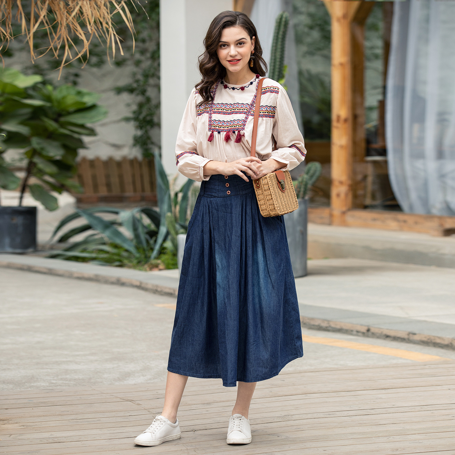 地图鱼 2022春季高腰牛仔长裙 女 大码民族风半身牛仔百褶长裙子