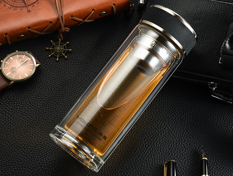 卧龙玻璃杯双层带盖泡茶杯带滤网办公杯男女双层透明水杯便携杯子