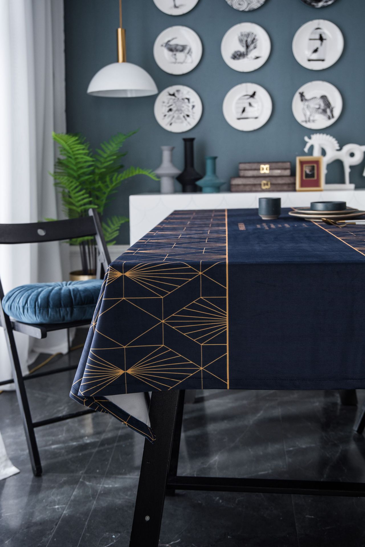 天鹅绒印花桌布藏青色金线长方形餐桌布数码印花茶几布