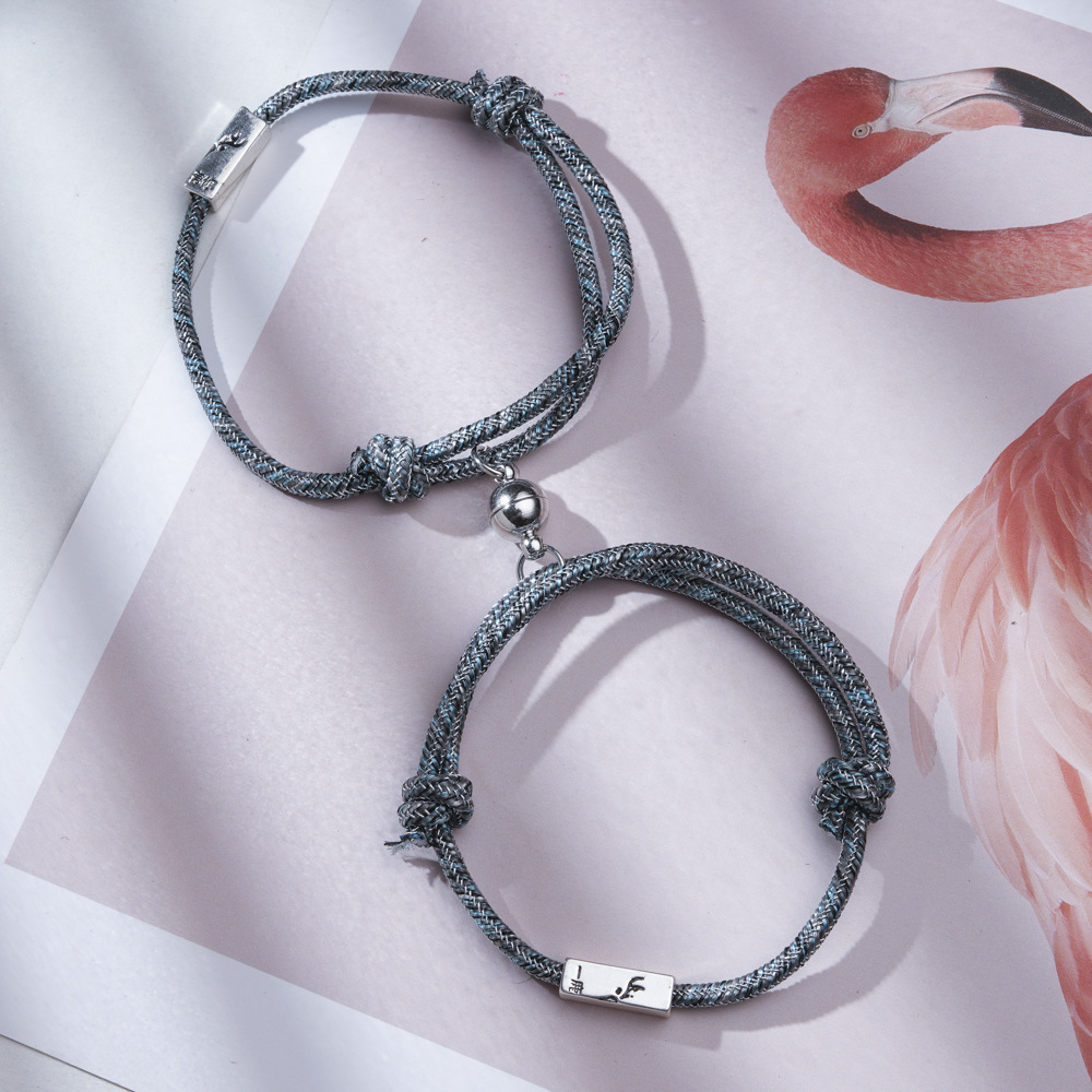 纯银情侣手链一对男女一鹿有你心心相吸编织手绳礼物纪念定情信物