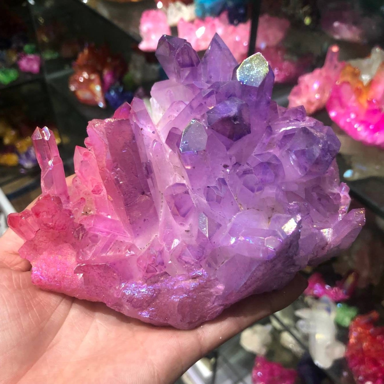 电镀白水晶柱水晶簇 紫蓝粉绿多色镀彩水晶柱晶摆件