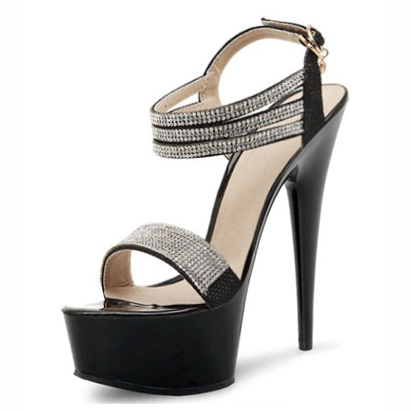 15cm高跟凉鞋子细跟防水台欧美夜店恨天高水钻腕带女鞋