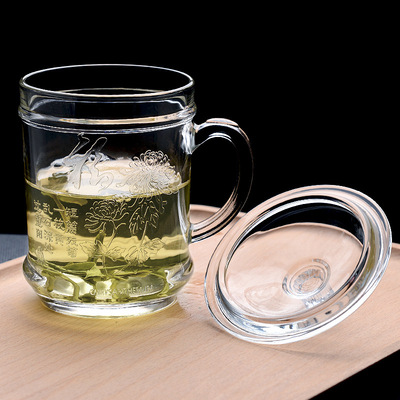 玻璃杯子家用耐热喝水泡茶杯办公室有盖男士水杯带把带盖把手透明