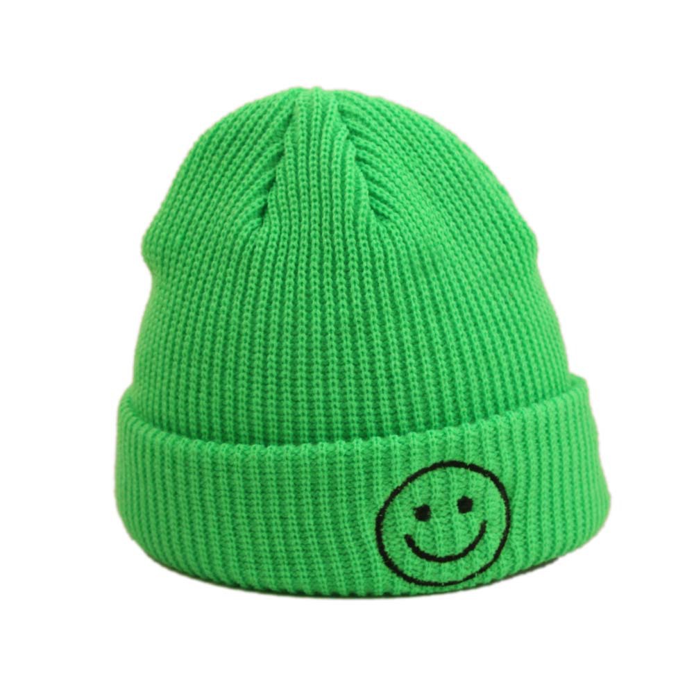 潮宝宝保暖毛线帽 韩国同款糖果色系刺绣笑脸儿童针织帽瓜皮帽子