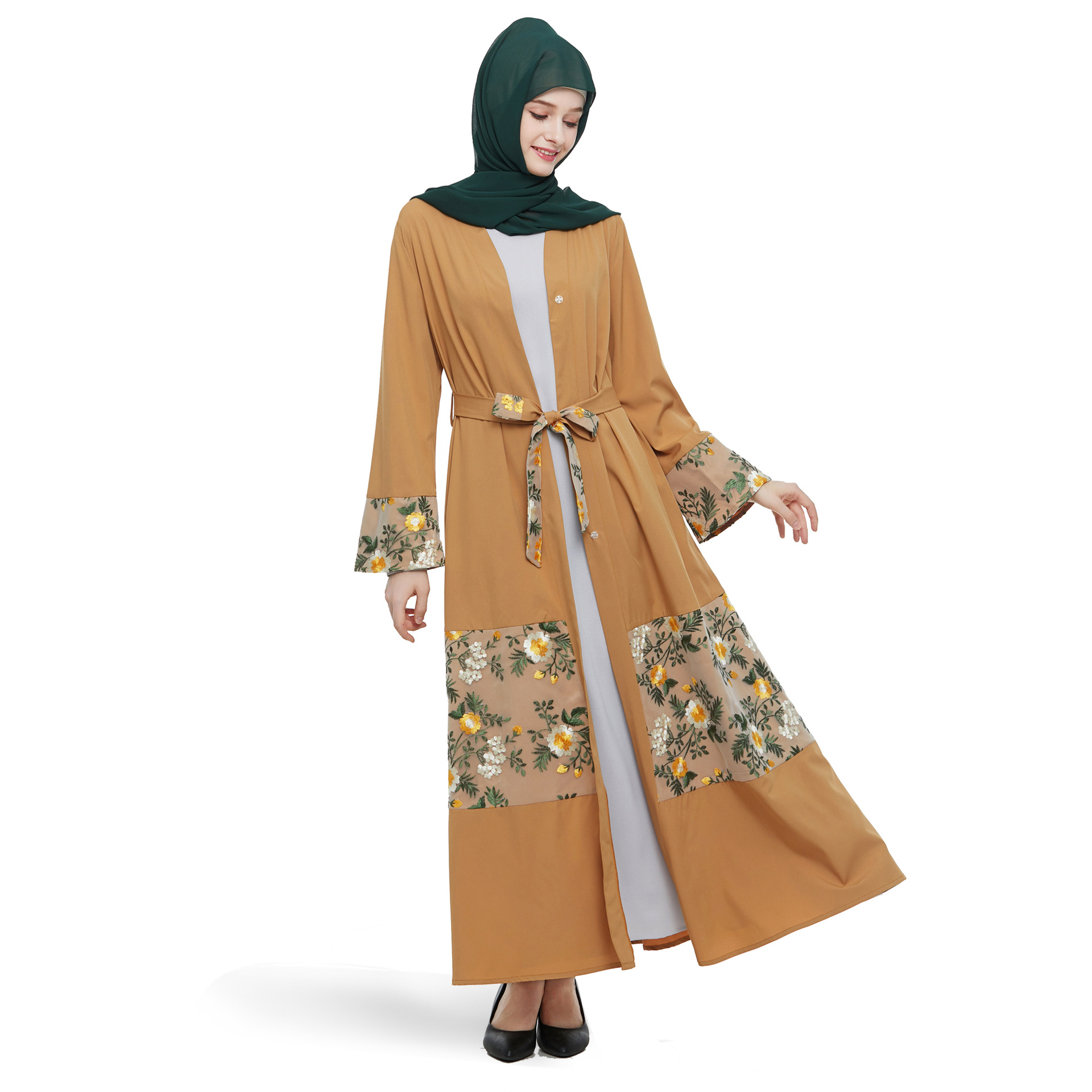 亚马逊中东迪拜阿拉伯女装 刺绣花网布拼接开衫外穿长袍abaya