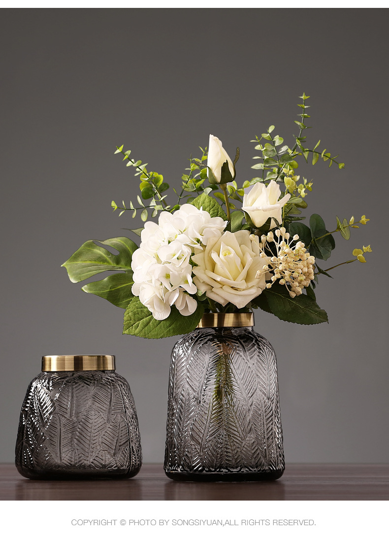 北欧简约绿色透明玻璃花瓶创意插花设计羽毛水培餐桌花瓶装饰摆件