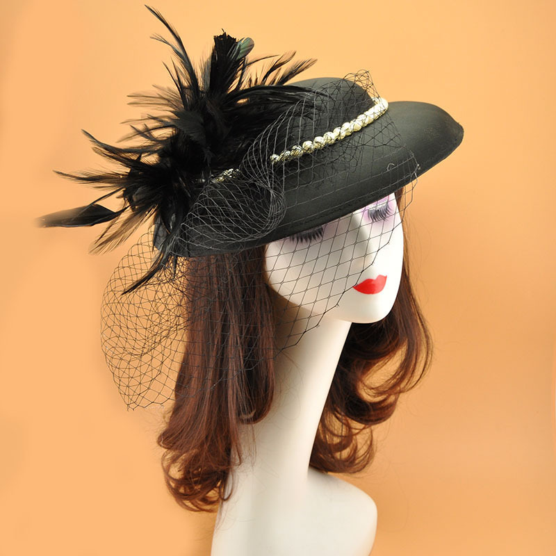 黑色缎面大礼帽欧式宫廷羽毛网纱帽复古珍珠大帽子发饰宴会礼服帽