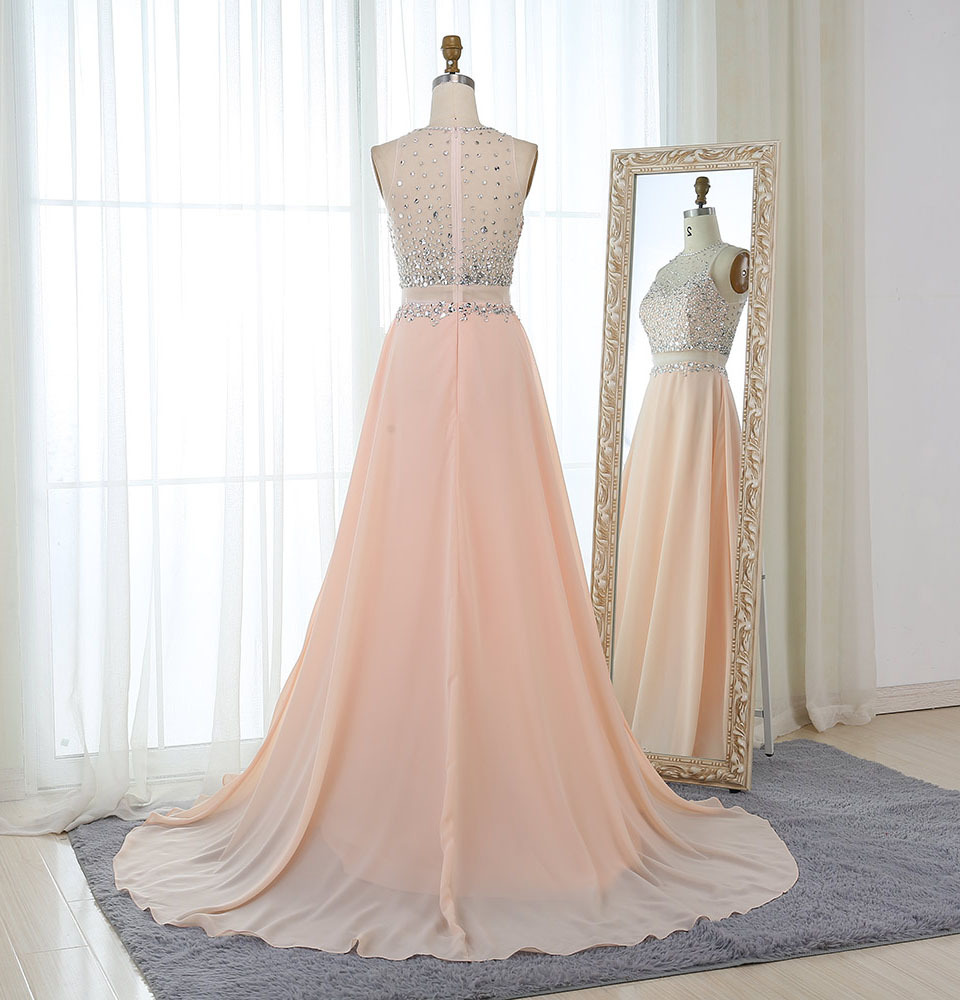 2019热销时尚粉红舞会走秀礼服水晶串珠薄纱优雅长裙显瘦礼服