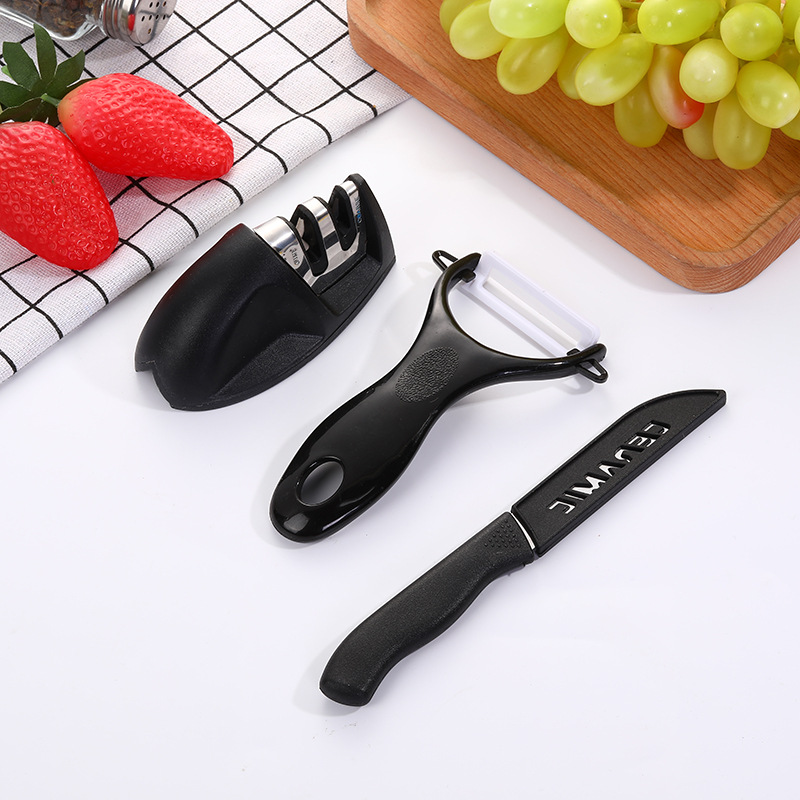 亚马逊热销 厨房专用磨刀器三件套 手动两段槽磨刀器瓜刨剪刀套装