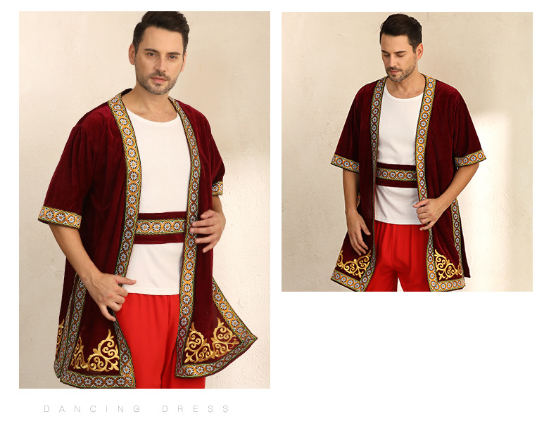 新疆民族舞蹈服维吾尔族舞蹈绣花长马甲男士新款广场舞男士马甲