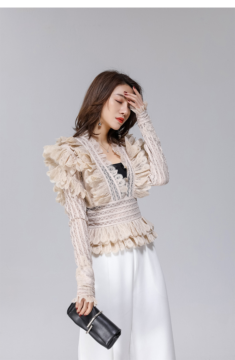 yumever轻奢高定贵妇水溶蕾丝刺绣镂空花瓣荷叶木耳宫廷气质上衣