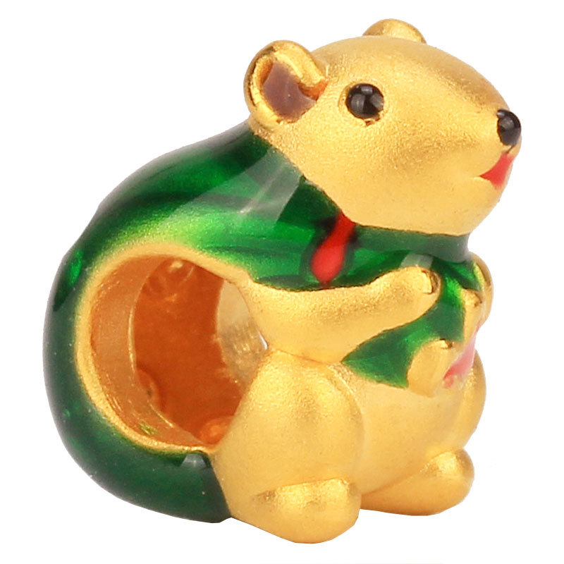 老挝砂金镀黄金3d金色老鼠烤漆本命年生肖鼠小金鼠转运珠红绳手链