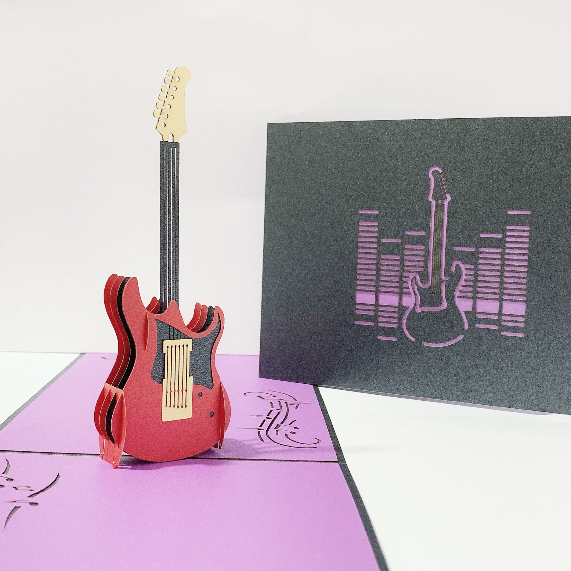 创意3d立体纸雕镂空绚彩吉他摇滚员工贺卡生日卡片可定制厂家批发