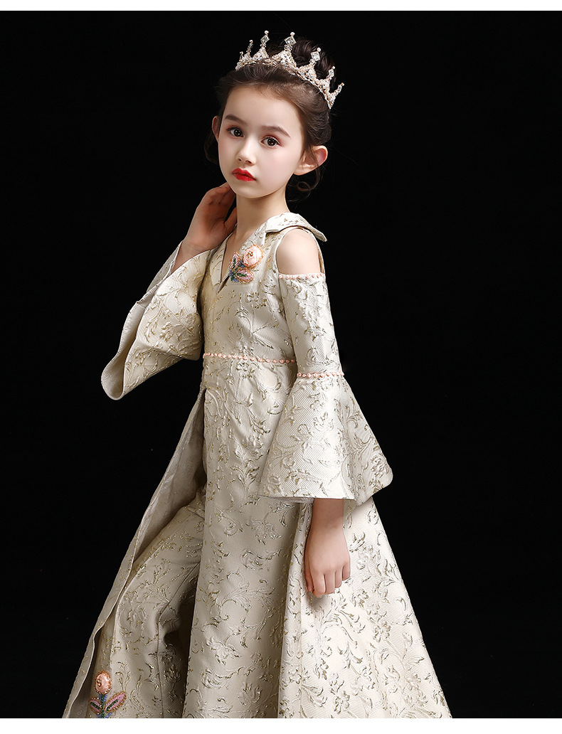 儿童礼服2022童装新品模特走秀拖尾长袖钢琴女童演出服儿童公主裙