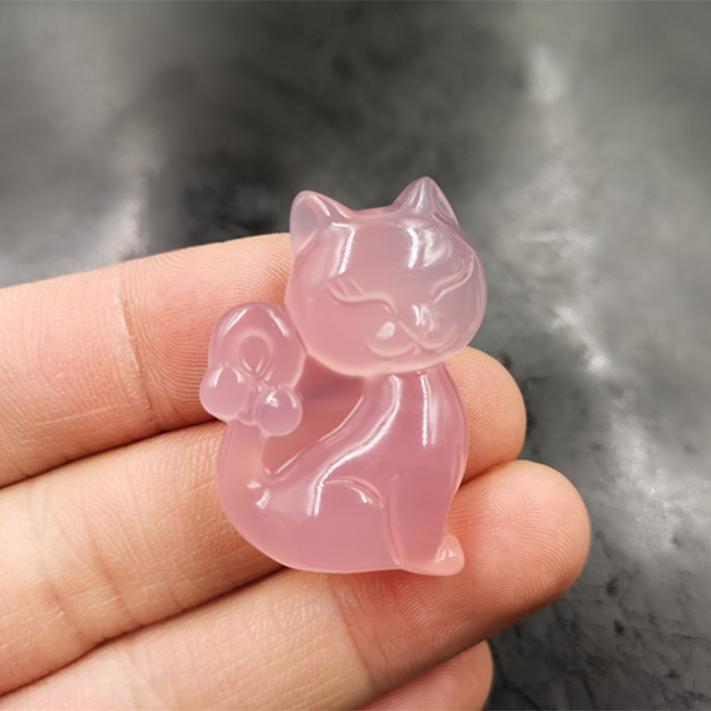 万玉批发 粉色玉髓玛瑙小猫咪吊坠 可爱粉玛瑙小花猫吊坠