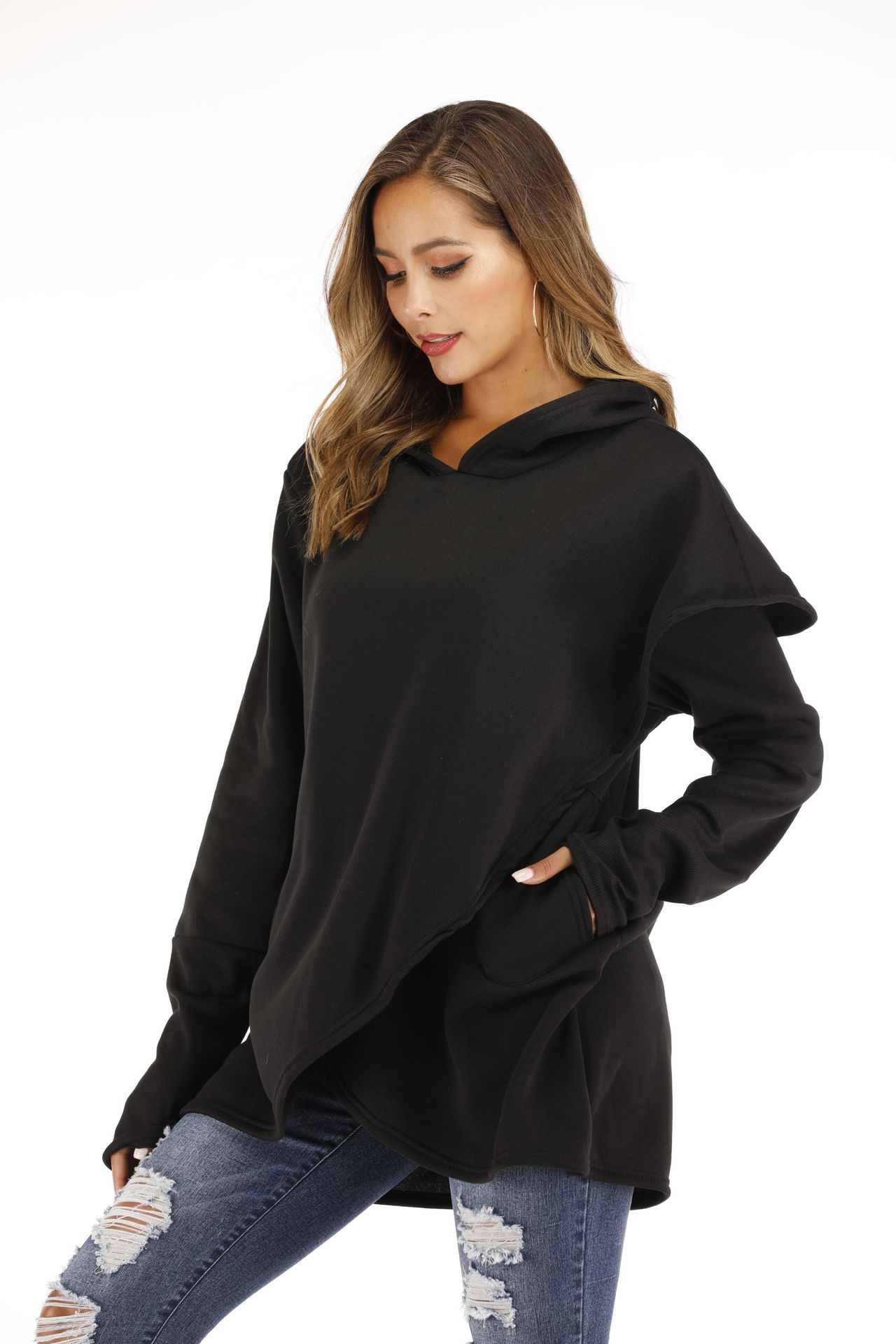 2019亚马逊速卖通欧美秋款长袖卫衣加绒加厚女式秋装连帽衫5283